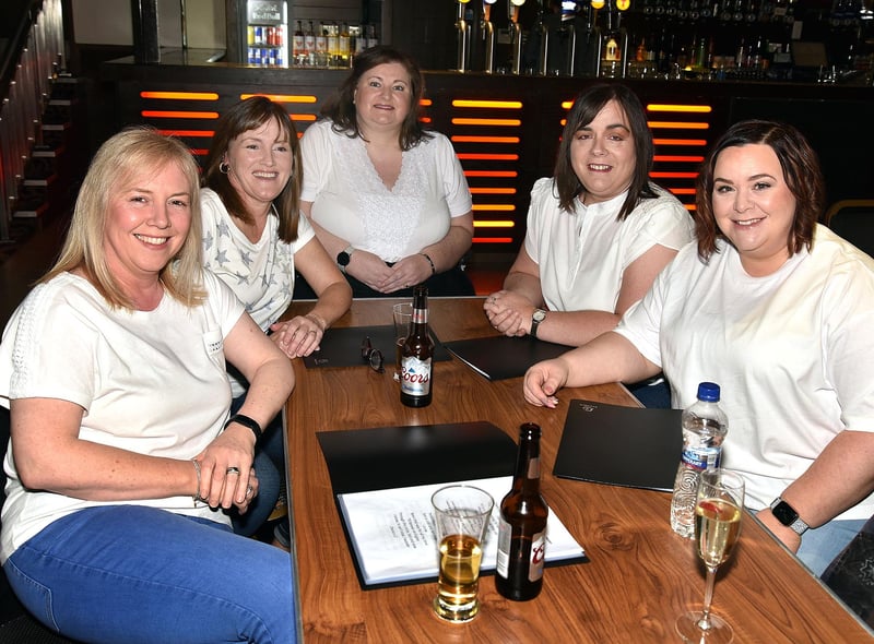 All smiles at the Lismore School reunion event are from left, Joanne McCann, Teresa Martin, Shauna McCausland, Louise Magee and Catherine Shipman. LM06-201.