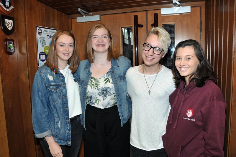 Rebekah Galway, Hannah McKay, Daryl McCombe and Rebecca McIlwaine all smiles at Carrickfergus Grammar after hearing their A Level results in 2018. INCT 22-202-AM
