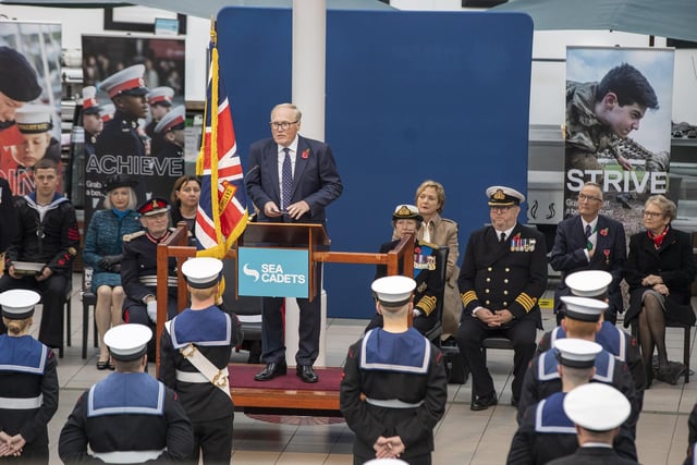 Martin J Coles CBE, CEO of Marine Society & Sea Cadets, addressing guests at the Civic Centre.