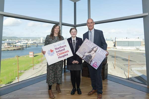 Northern Ireland Hospice youth ambassador and gala ball organiser Madison Wright (centre) is joined by her teacher Mrs Susan Walters from Carrickfergus Academy and Pinnacle chairman and fellow NI Hospice ambassador Ken Montgomery.