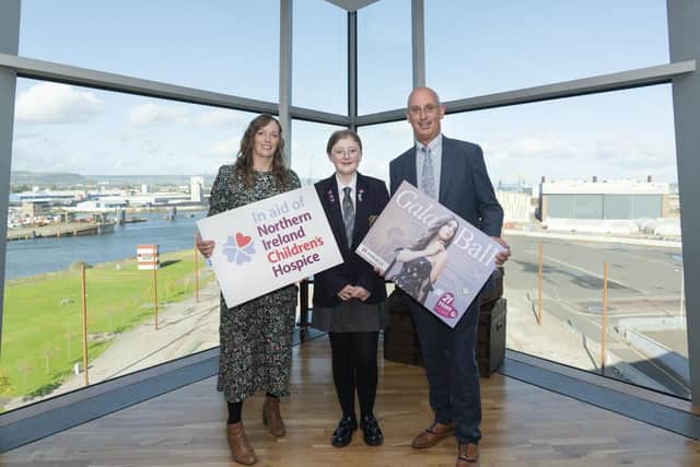 Northern Ireland Hospice youth ambassador and gala ball organiser Madison Wright (centre) is joined by her teacher Mrs Susan Walters from Carrickfergus Academy and Pinnacle chairman and fellow NI Hospice ambassador Ken Montgomery.
