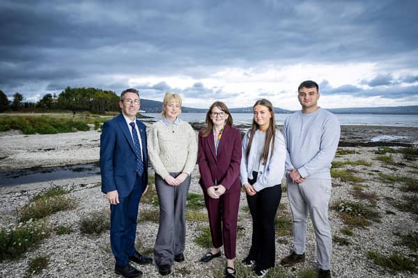 Pictured with Finance Minister Dr Caoimhe Archibald and Minister of Agriculture, Environment and Rural Affairs Andrew Muir are Gráinne McCann - Ulster University student on a placement in NIEA, specialising in Geographic Information System (GIS); Cara Toner - Ulster University student on a HR placement in NICS HR within the Department of Finance; Valentin Stoenescu - Bangor University, Wales, student on placement in Northern Ireland Environment Agency (NIEA) within the Freshwater Monitoring & Assessment Unit.