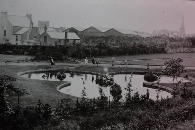 Undated image showing the 'shamrock pond' at Shaftesbury Park, Carrickfergus.  Photo courtesy of Carrickfergus Museum