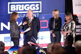 Mayor of Causeway Coast and Glens, Councillor Steven Callaghan is interviewed by Claire McCollum at the ‘Meet the Stars’ event in The Lodge Hotel, Coleraine. CREDIT PACEMAKER PRESS