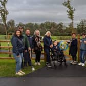 In attendance during the official opening of the new sensory area at Carnfunnock Country Park were MEA Mayor, Ald Geraldine Mulvenna; Cllr Maeve Donnelly, represetnatives of the Mae Murray Foundation, and MEA officers Tara McAleese (Principal Parks Officer); Lindsay Houston (Parks Dev Manager); Kerry Fokkens (Principal Parks Duty Officer); Chris Wood (Woodland Engagement Officer), and Stephen Dines (Playground Inspector).  Photo: Chris Neely