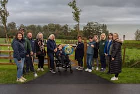 In attendance during the official opening of the new sensory area at Carnfunnock Country Park were MEA Mayor, Ald Geraldine Mulvenna; Cllr Maeve Donnelly, represetnatives of the Mae Murray Foundation, and MEA officers Tara McAleese (Principal Parks Officer); Lindsay Houston (Parks Dev Manager); Kerry Fokkens (Principal Parks Duty Officer); Chris Wood (Woodland Engagement Officer), and Stephen Dines (Playground Inspector).  Photo: Chris Neely