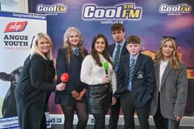 ​Radio presenters Caroline Fleck, Victoria Quinn and Melissa Riddell with pupils, Caitlyn Patterson, James Mennet and Quinn McCracken.