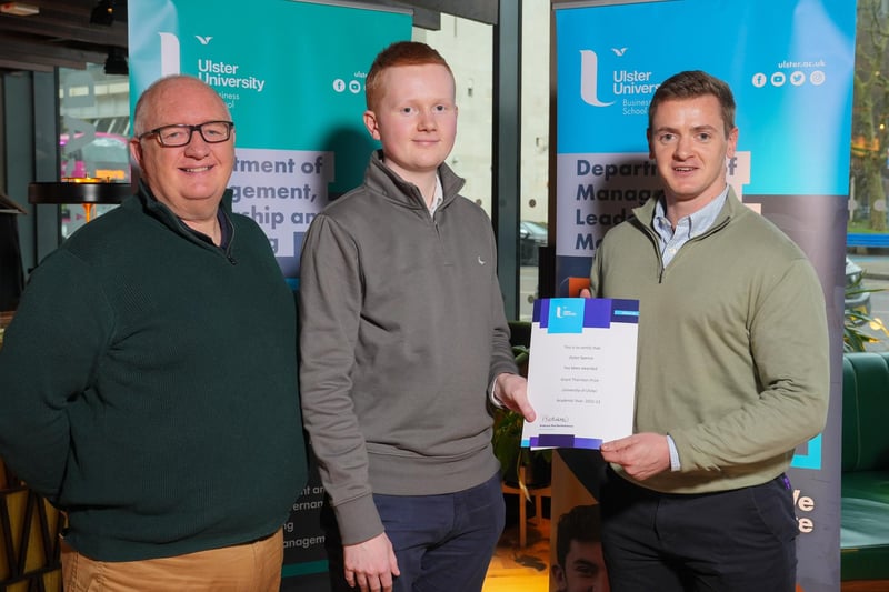Carrick's Dylan Spence, a BSC Hons Business Studies graduate, received the Grant Thornton Prize for the highest mark in cyber crime and forensic technology. He is pictured with Paul Dickson, BSc Hons Business Studies course director and Samuel McCormick, Grant Thornton.
