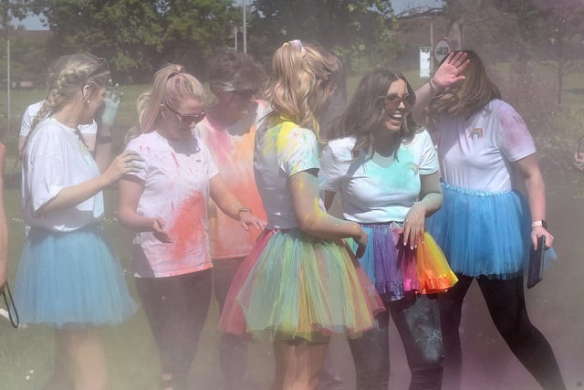 Staff of Ballyoran Primary School get covered at the school charity colour run. PT21-204.