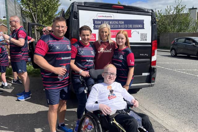 David and Sara Watson and the Adam’s Miles for Leukaemia team completed their 70-mile walk from Newry to Manchester.  Photo: Carla Lockhart MP