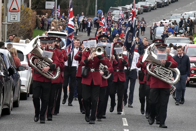 Tullyvallen Silver Band lead the Portadown and Dsitrict BB Battalion parade on Brownstown Road on Sunday. PT14-207.