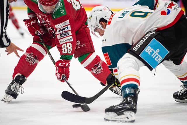 Belfast Giants' Ben Lake on the faceoff against the Cardiff Devils during the Giants weekend roadtrip. Picture: James Assinder