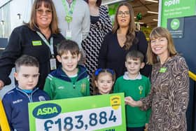 Back (L-R) Niall Keyes, Senior Director Asda NI, Natasha Fitzsimons, PTA treasurer, Our Lady & St Patrick Primary School, Downpatrick  Middle (L-R) Linda Owens, Asda Downpatrick Community Champion, Andrea McMenamin, Chairperson PTA St Colmcilles Primary School, Downpatrick  Front (L-R) Kai (8) St Colmcilles Primary School, Cormac (10) Our Lady & St Patrick Primary School, Kaliyah (6) St Colmcilles Primary School, Downpatrick, Cillian (8) Our Lady & St Patrick Primary School & Hayley Tatum MBE, Chief People and Corporate Affairs Officer at Asda