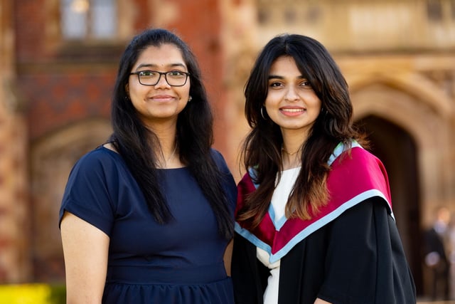 Aswathi Sunil graduating from Queen's with a Master's in Construction and Project Management. Aswathi is pictured with her cousin