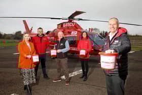 Briggs Equipment MD Ireland, Gary Clements, launches the partnership at the charity’s headquarters at the Maze with Emir McLaughlin, NW200 Event Manager, Mervyn Whyte, NW200 Event Director, John Calvin, Air Ambulance NI Engineer and Kerry Anderson, Air Ambulance NI Head of Fundraising. PICTURE BY STEPHEN DAVISON