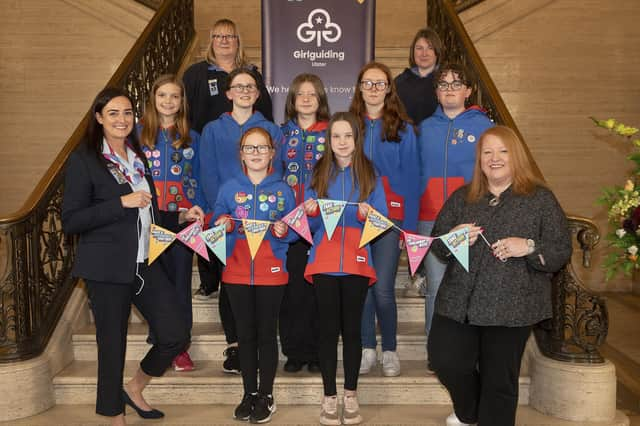 1st Cullybacky Guides with (from left) Lynn Morrow, Maureen Livingstone, Amanda McBurney, Naomi Long. Credit Phil Smyth