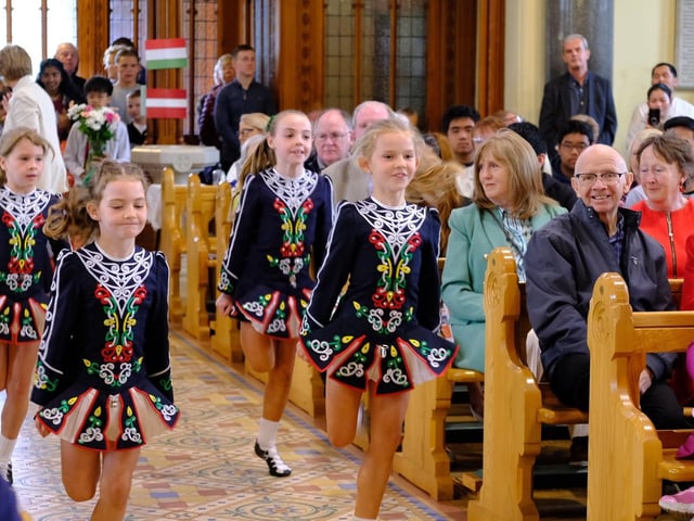 Irish dancers at the International Mass at St Peter's Church in Lurgan, Co Armagh.