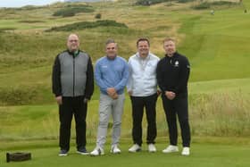 Joe Cruise, Tourism Ireland; series hosts Paul McGinley and Chris Hollins; and David Connellan, Tourism Ireland, during filming at Royal Portrush. Credit Paul Smyth
