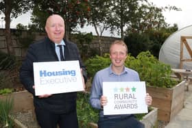 Liam Gunn South Down Area Manager and Tim Gilpin Rural and Regeneration Manager launch the 2023 Rural Community Awards at Moneydarragh Community Hub garden area, winners of last year's award. Credit NIHE