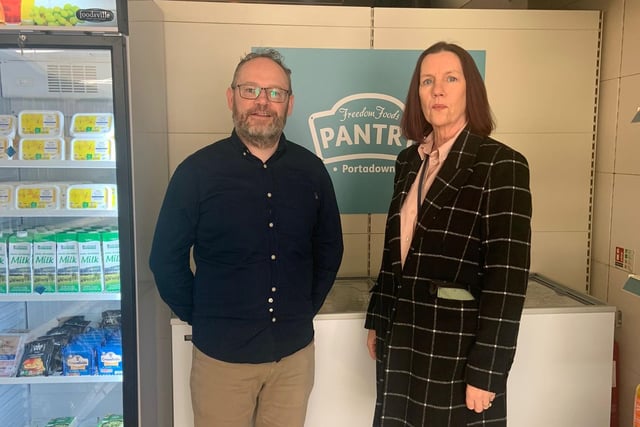 Chris Leech of Craigavon Area Food Bank at the official opening of the new social supermarket Freedom Foods Pantry in Portadown, Co Armagh on Thursday. Pictured with Paula Larkin of Portadown Credit Union. The supermarket is open to anyone in need and, for a small fee, can avail of a grocery shop of fresh and frozen food plus other staples.