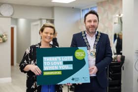 NMDDC Chairperson, Cllr Pete Byrne launches the new Make It Local campaign, ‘There’s Lots to Love when you #ShopLocal’. The Chairperson is photographed with Michelle Mallon from Michelle Mallon Hair & Beauty in Meigh, one of the villages and small towns which benefited from improvements to its infrastructure and public spaces through funding from the ‘Small Settlements Regeneration Programme’.
