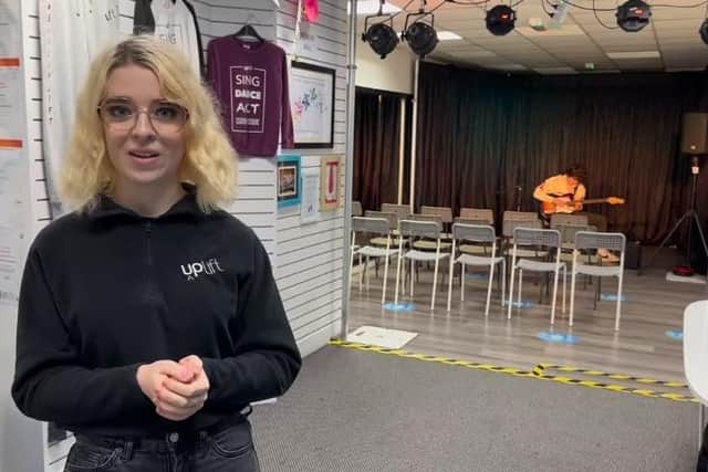 Uplift Performing Arts drama coach Neve Hutchinson gave a virtual tour of the Community Black Box Theatre.  Photo: Uplift Performing Arts