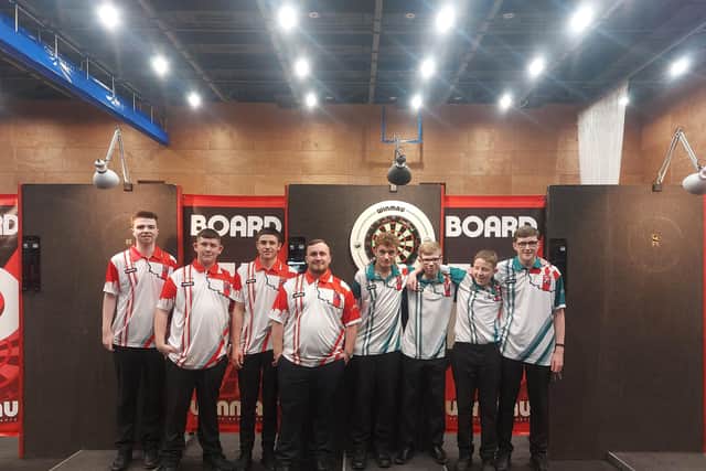 Luke Littler and his England teammates pictured with the Northern Ireland players at the 2023 Junior Darts Corporation World Cup in Gibraltar. (Pic: Contributed).
