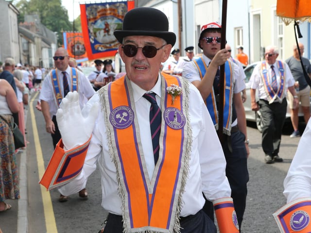 Ballymoney, Rasharkin, Cloughmills, Bushmills and Ballycastle were in attendance at the Twelfth demonstration in Ballymoney with a total of 43 Lodges and 22 bands.