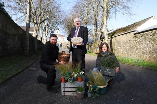 Pictured at the launch of the Royal Hillsborough Farmers’ Market are, (l-r): Fergal Green, Tom and Ollie; Alderman Allan Ewart MBE, Development Committee Chairman and Victoria Allen, Potters Hill Plants.