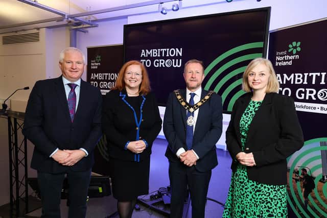 Ald Stephen Ross, Rose Mary Stalker (Chair of the Invest NI board), Alan McKeown (Invest NI Executive Director of Transformation) and Susan O’Kane (Invest NI Regional Manager).