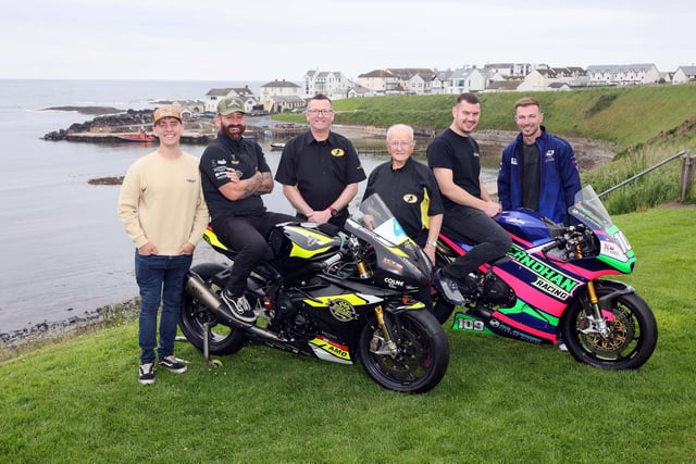 Local man, James McKillop, who is sponsoring the Junior Support race at this year’s Armoy Road Races, is pictured during the launch at the Bayview Hotel, Portballintrae, alongside Gareth McAuley, Chairman of Armoy Motorcycle Road Racing Club (AMRRC) and road racers, Dominic Herbertson, Jamie Coward, Neil Kernohan and Paul Jordan.