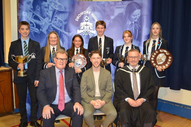 Subject Prize Winners - Back row from left, James Wright, Jenna Morton, Alfie Adair, Caroline Cunningham, Imogen Stevenson-Villar and Emma Martin. Front row Mr Alan Poots Chairman of the Board of Governors, Mr Jordan Kenny Guest Speaker and Mr Ian McConaghy Headmaster.