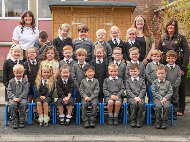 P1 class at King's Park Primary School with Mrs Thomson (absent), Miss Irwin with classroom assistants Mrs McCullough and Mrs McBride.