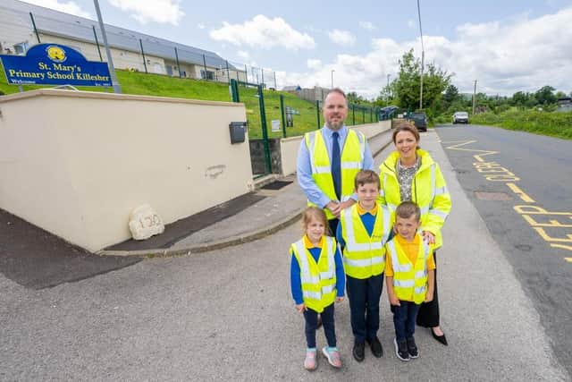 Infrastructure Minister, Liz Kimmins is pictured at St Mary’s Primary School, Killesher with school principal John Cunningham and pupils. Picture: Trevor Lucy