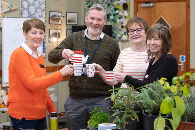 Housing Executive patch manager PJ Ward enjoys a cup of tea with Gardening Gurus Deirdre Bradley, Chair, Granaghan and District Women’s Group, Ann McNicholl and Mary Mullin at their workshop.