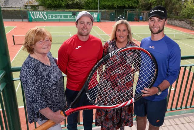 Pictured are Letty Lucas President Downshire Tennis Club, Pete Bothwell -Downshire Tennis club coach and former ATP tour player, Sam Bothwell – Downshire Tennis club coach and former Ireland Davis Cup player, and Soyna Kirk- Kirk’s Bakery
