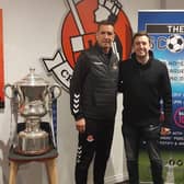 Crusaders boss Stephen Baxter with SERC based Lisburn’s 98fm Station Manager and The Score Presenter, Michael Clarke.