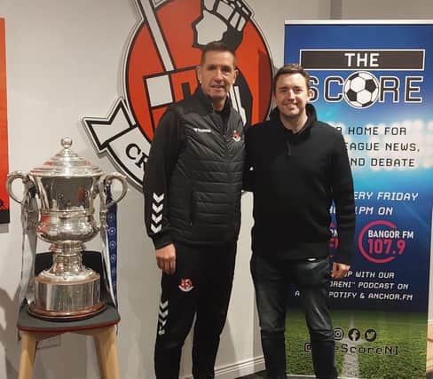 Crusaders boss Stephen Baxter with SERC based Lisburn’s 98fm Station Manager and The Score Presenter, Michael Clarke.