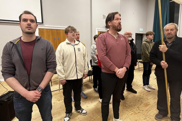 Pictured in rehearsals for Ballywillan Drama Group's production of Fiddler on the Roof are Adam Goudy (left) and Alan McClarty (second from right).