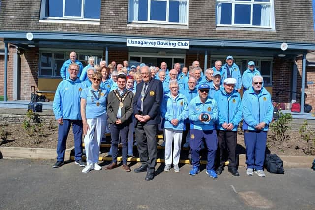 The Mayor, Councillor Kurtis Dickson joined members of Lisnagarvey Bowling Club for the opening of the green for the new season. Pic credit: Lisnagarvey Bowling Club
