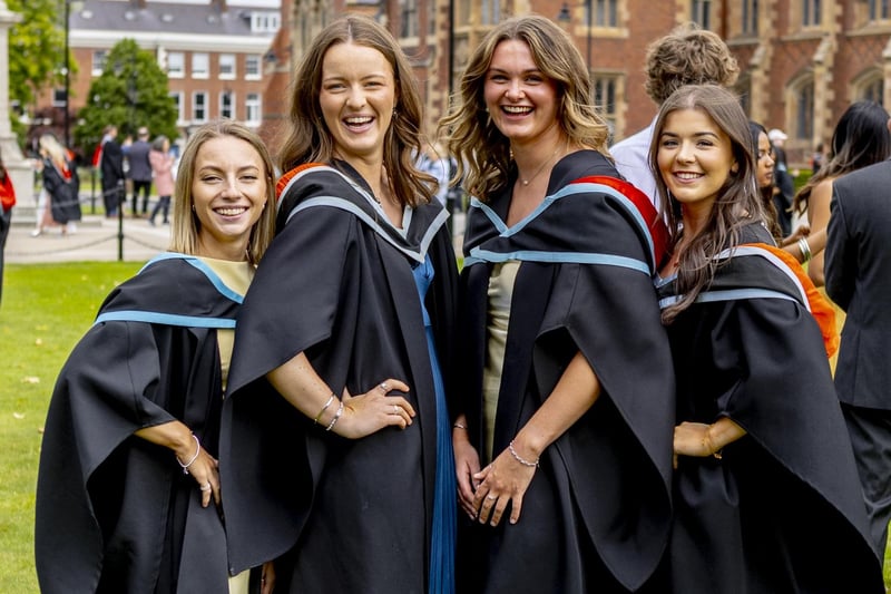 Jessica Millar, from Preston, Jenny Stevenson, from Ballymoney, Katie McDowell, from Bangor, and Lauren Kilfedder, from Omagh, celebrate graduating with a degree in Medicine.