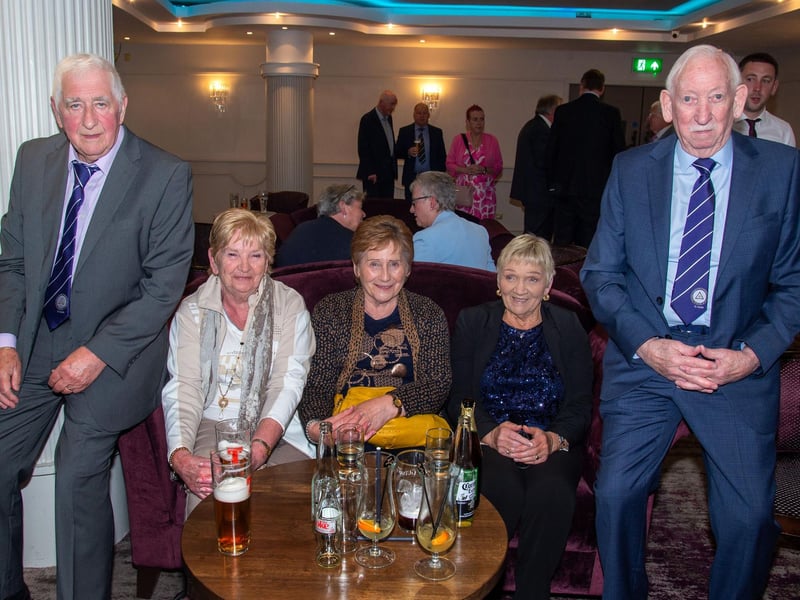 Enjoying the Glenavon Triangle Supporters Club 75th anniversary dinner are from left, Bobby Archer, Aileen Patterson, Helen Archer, Marina Dickson and Tom Dickson. LM22-225.