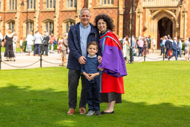 Andrea Moldovan-Grunfeld celebrated graduating from Queen's University Belfast with a PhD in Applied Behavioural Analysis. Andrea is pictured with partner Dragos and son Philip.