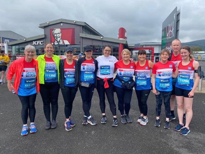 "Karen Kernohan arranged 10 teams from Antrim Area Hospital to run the relay race this year for Teenage Cancer Trust Northern Ireland. This is us waiting eagerly at Boucher Road for our section of the race. Over £5000 raised so far."