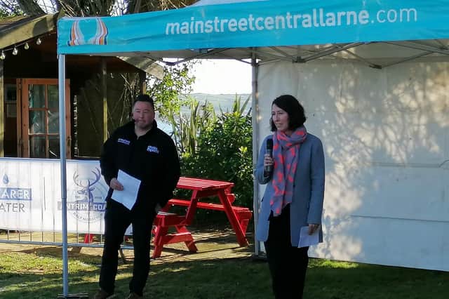 Ruth McIlroy speaking at the launch event for the Clearer Water Antrim Coast Half Marathon 2023.