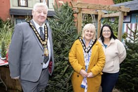 The Mayor, Councillor Steven Callaghan and Deputy Mayor, Councillor Margaret-Anne McKillop pictured with Ruth McNeill of the Armoy Community Association who joined the Deputy Mayor on Saturday for the start of her December walking challenge for RNLI. Credit McAuley Multimedia