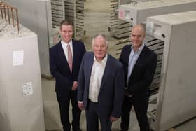 From left to right: James Kilgore, senior business manager at Danske Bank; Wilbert Moore, founder and MD of Moore Concrete Products Ltd and Peter Houston, head of Danske Bank, North Finance Centre. Photo: submitted
