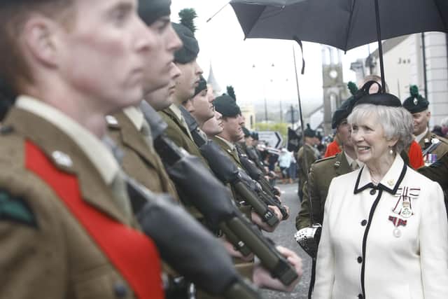 Mrs Joan Christie  chats with members of The Royal Irish Regiment on the occasion of the regiment receiving the Freedom of the Borough of Ballymoney. Picture: Steven McAuley / Kevin McAuley / McAuley Multimedia Photography