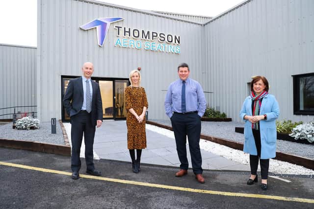 David McCabe Head of Transformation; Carla Lockhart MP; Neil Taggart, Vice President and General Manager of Thomson Aero Seating and Diane Dodds MLA
