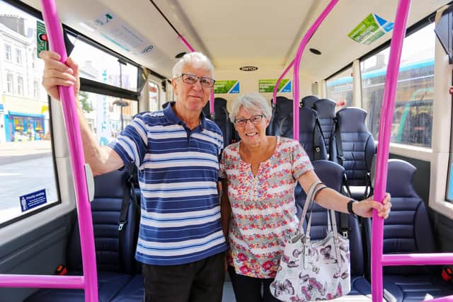 George and Roberta Wilson from Coleraine pictured at Translink’s Zero Emission bus preview at The Diamond, Coleraine Town Hall. Photo: Lorcan Doherty